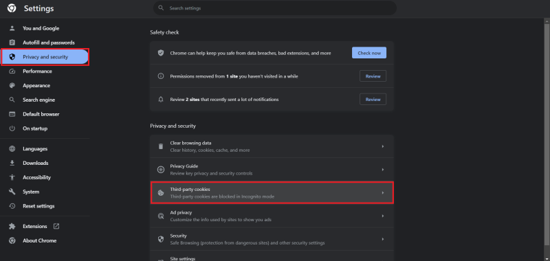 بخش Privacy and security گوگل کروم