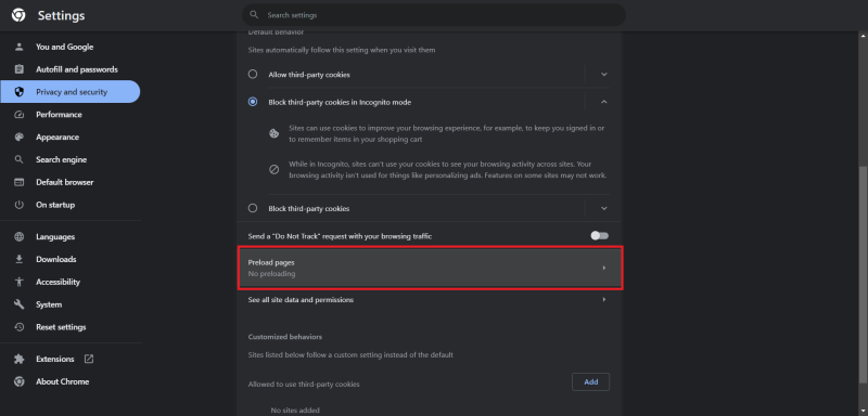 بخش Privacy and security گوگل کروم