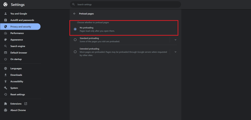 بخش Privacy and security گوگل کروم
